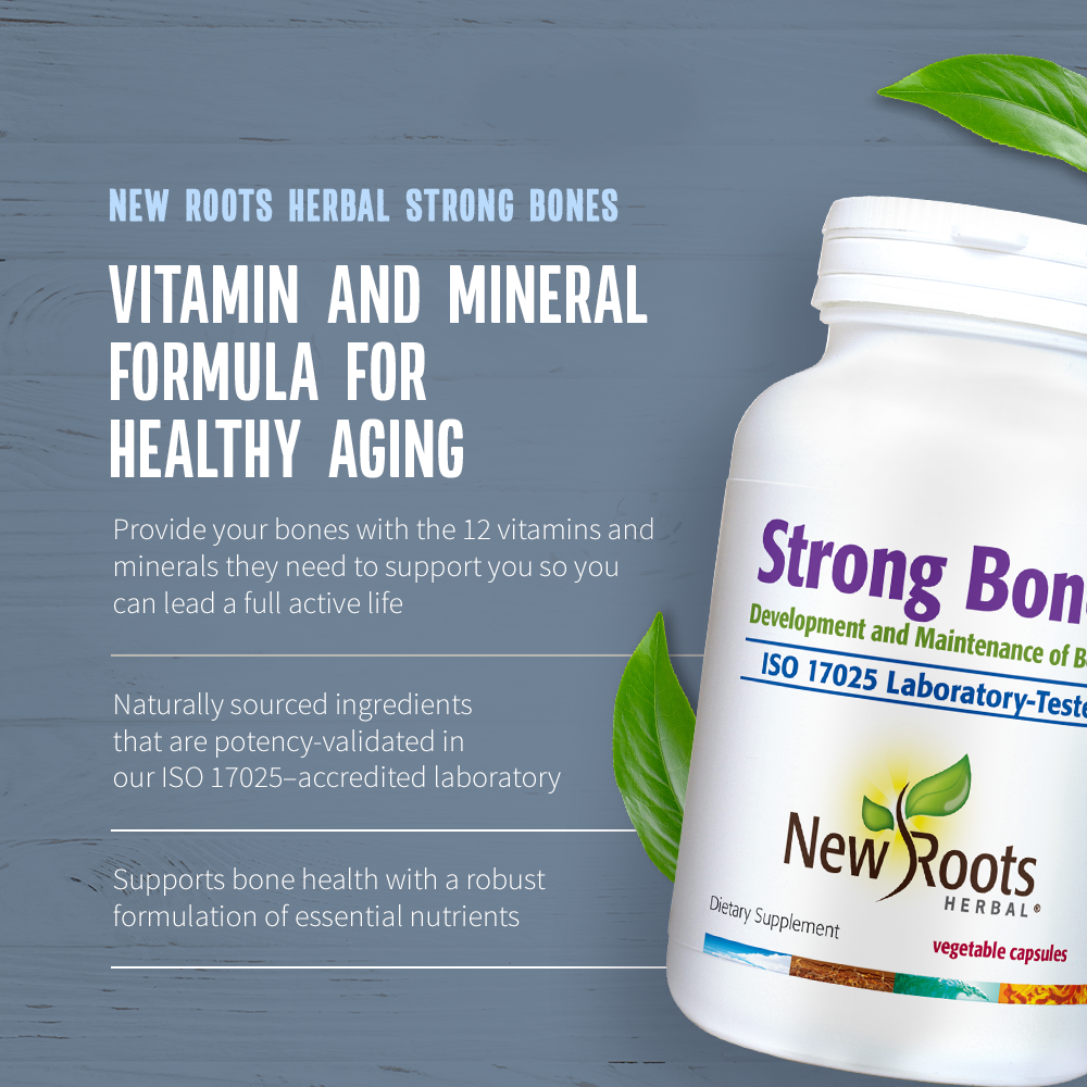 NEW ROOTS HERBAL Strong Bones - Calcium, Magnesium, Vitamin D3, VIT C, bioavailable K2 (MK-7) - GMO, Soy, Gluten Free - Supplement for Bone Health | 180 Veg Caps